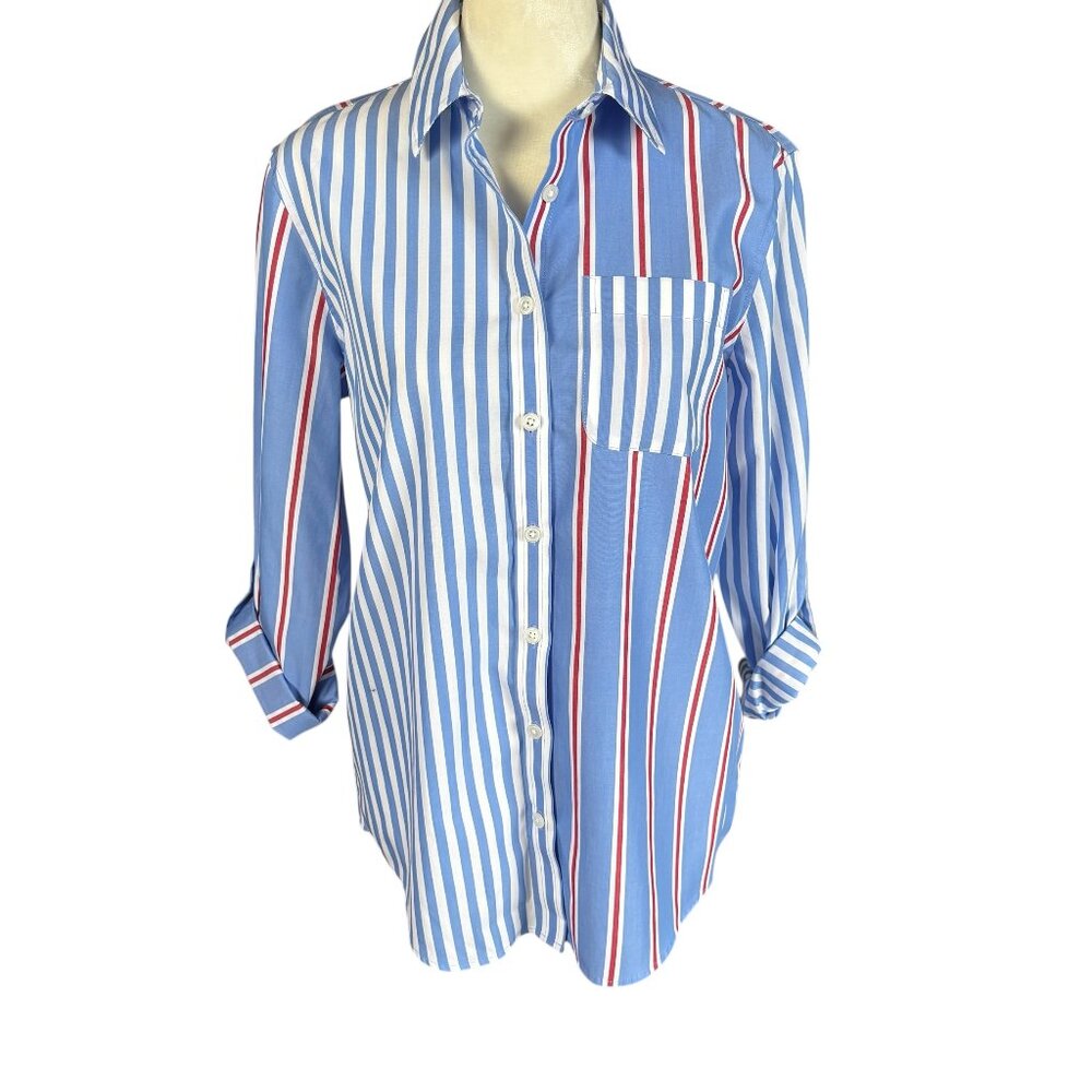 Lands' End red white and blue striped long sleeve collared button down shirt XSP